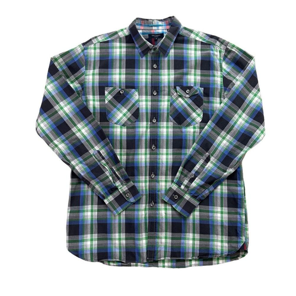 Ted Baker London Size 5 Plaid Long Sleeve Classic Preppy Spread Collar Shirt